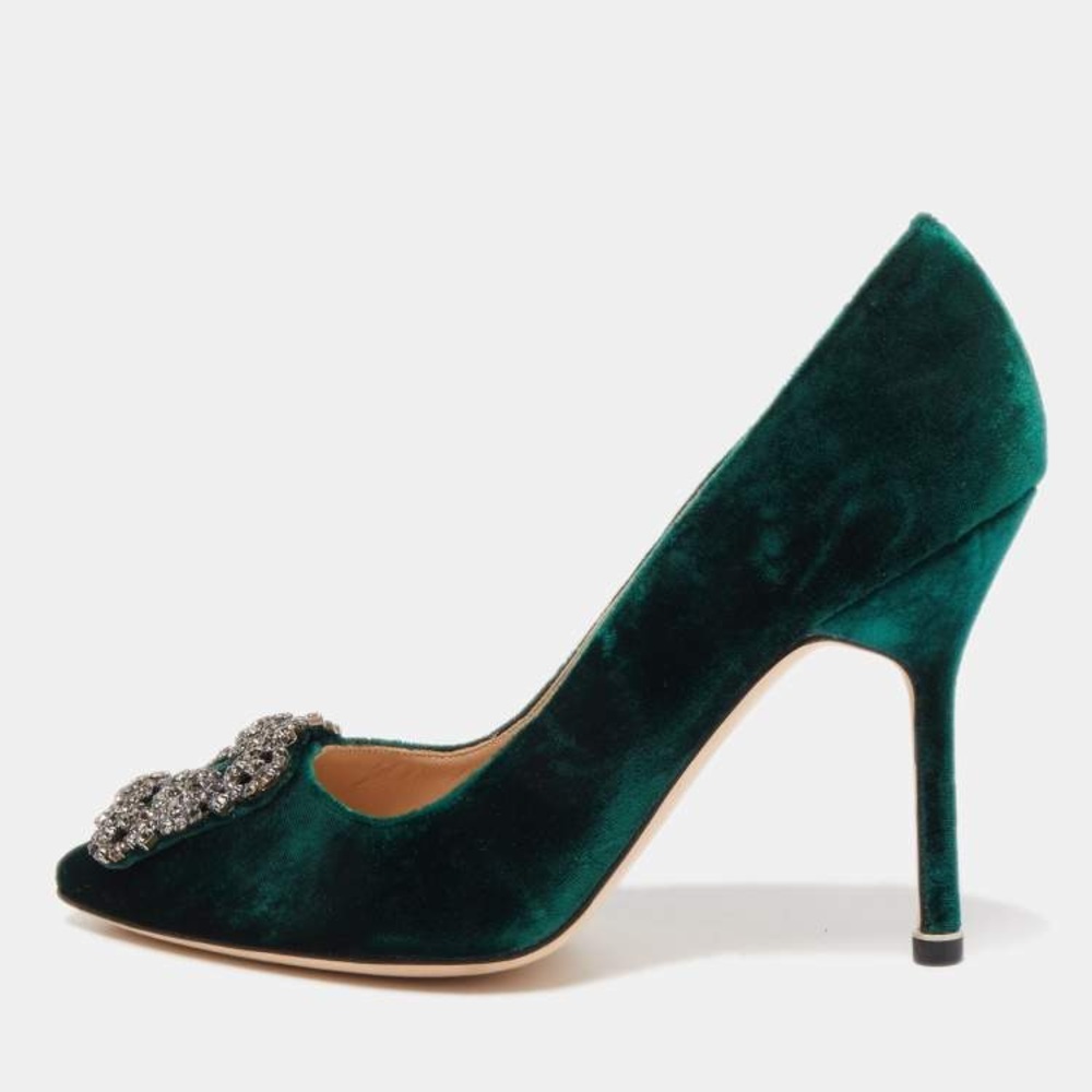 Manolo Blahnik Green Velvet Hangisi Crystal Embellished Pointed Toe Pumps Size41